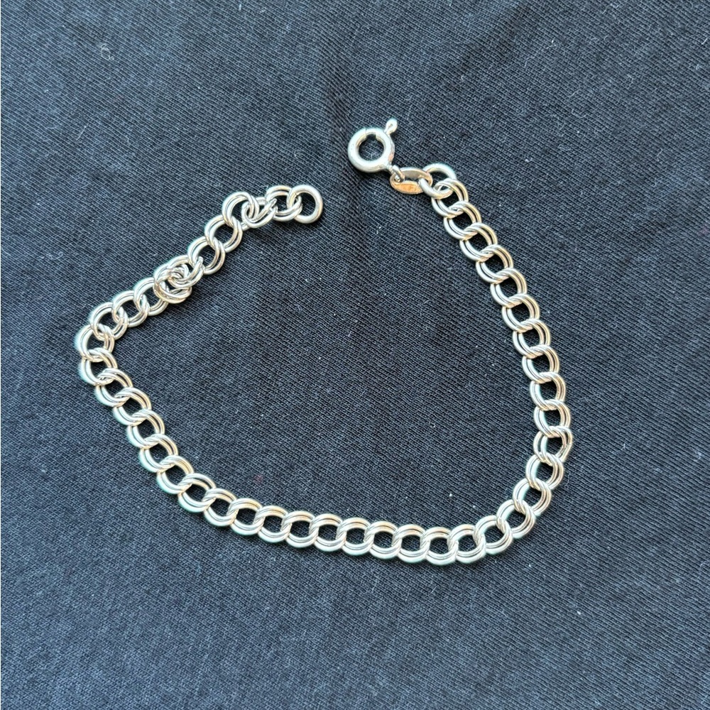 Vintage 925 Sterling Silver Double Link Chain Charm Bracelet Spring Ring 8"